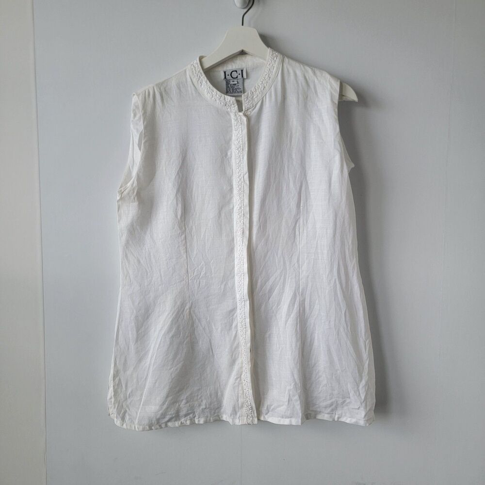 Rene Margo I.C .I women's 100% linen sleeveless shirt size 16 embroidery‎